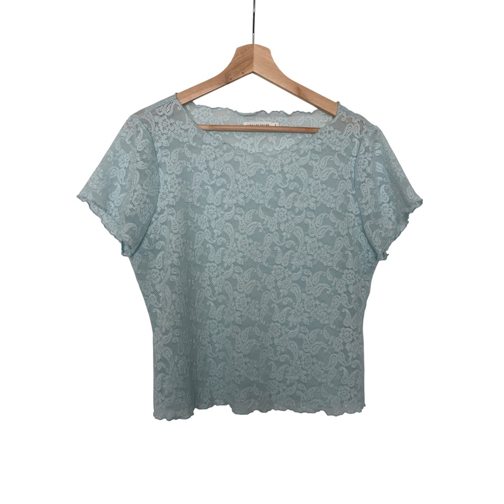Avec Les Filles Sheer Y2K Light Blue Floral Paisley Lace Short Sleeve Top Large